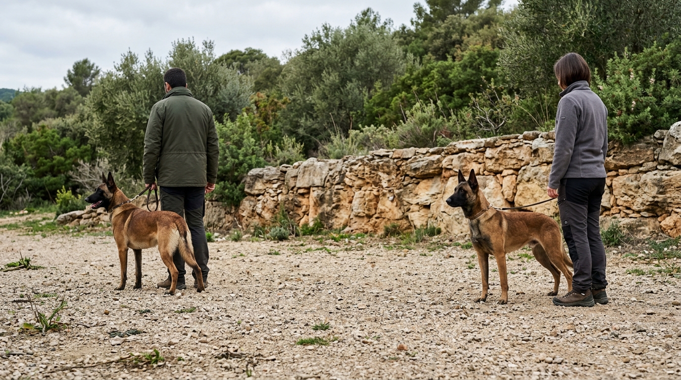 Zwei Malinois stehen in einigem Abstand voneinander auf einem Kiesplatz, jeder neben einer Person, dahinter eine Sandsteinmauer.