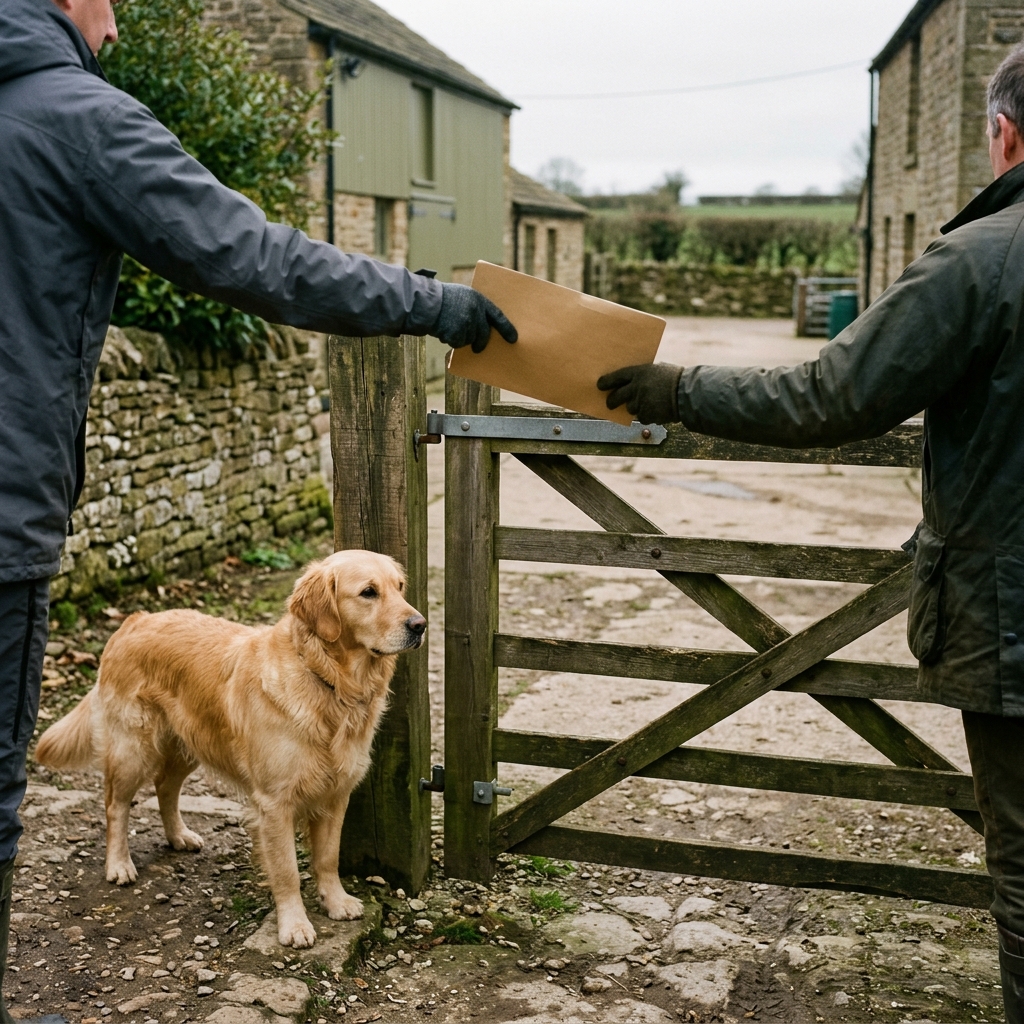 Zwei Personen reichen einander über ein Hoftor eine Papiermappe, daneben steht ein Golden Retriever mit vollständiger Rute.